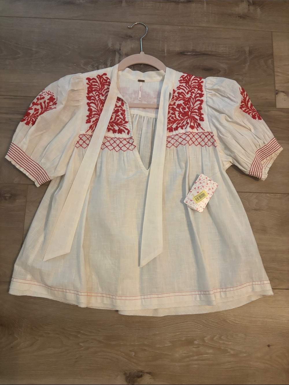 Free People Peasant Top with Red Embroidery